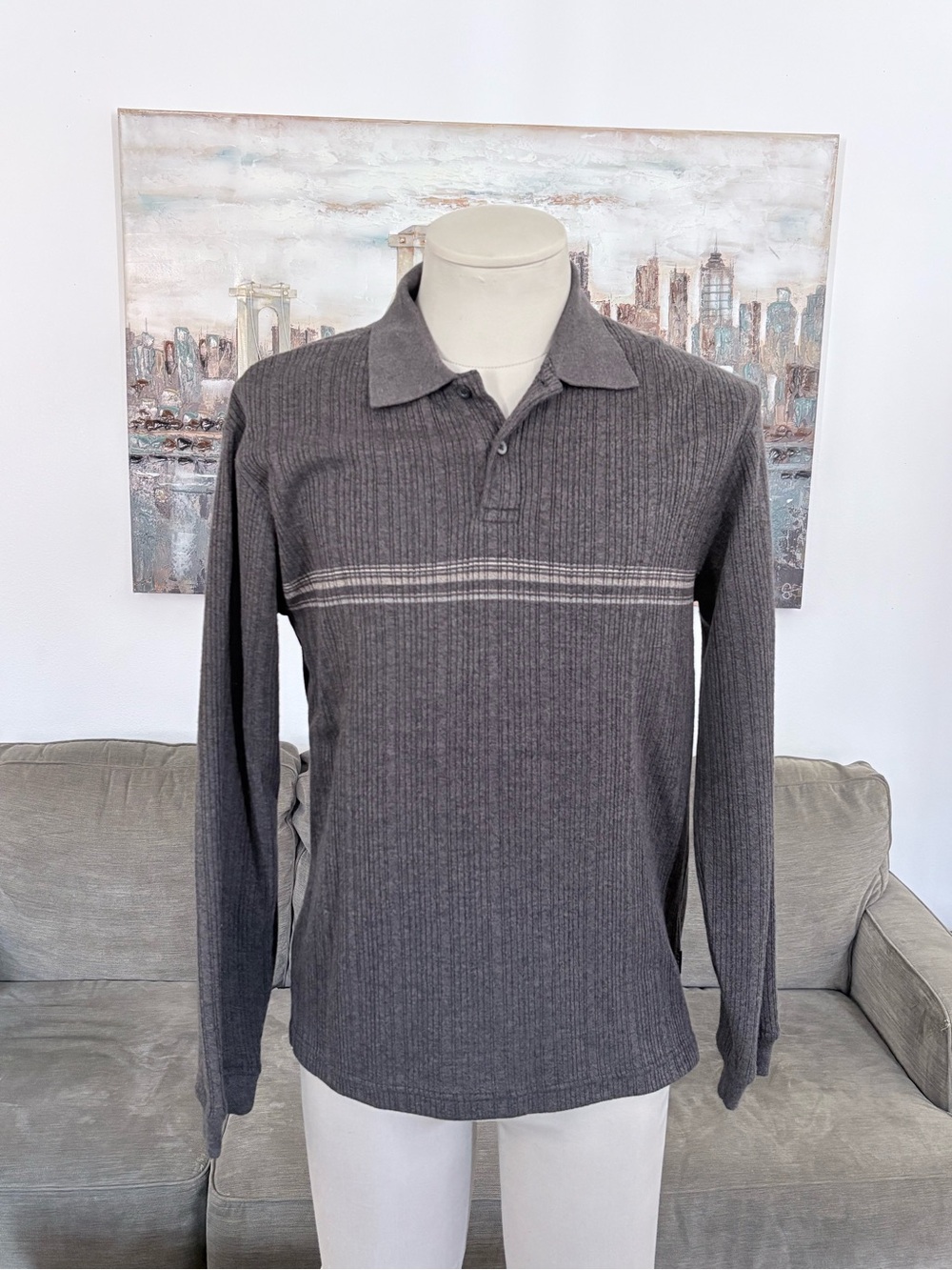 Arrow Men's Gray Long-Sleeve Polo with Chest Stripe